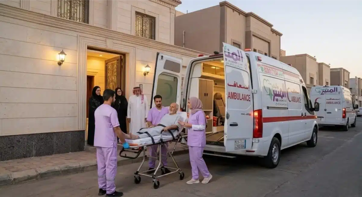 النقل الإسعافي — سيارة إسعاف مجهّزة وطاقم مؤهّل