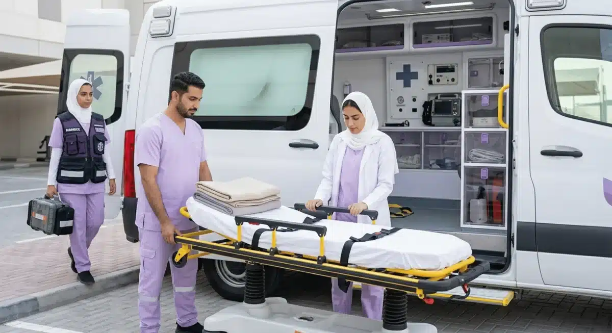 النقل الإسعافي — سيارة إسعاف مجهّزة وطاقم مؤهّل